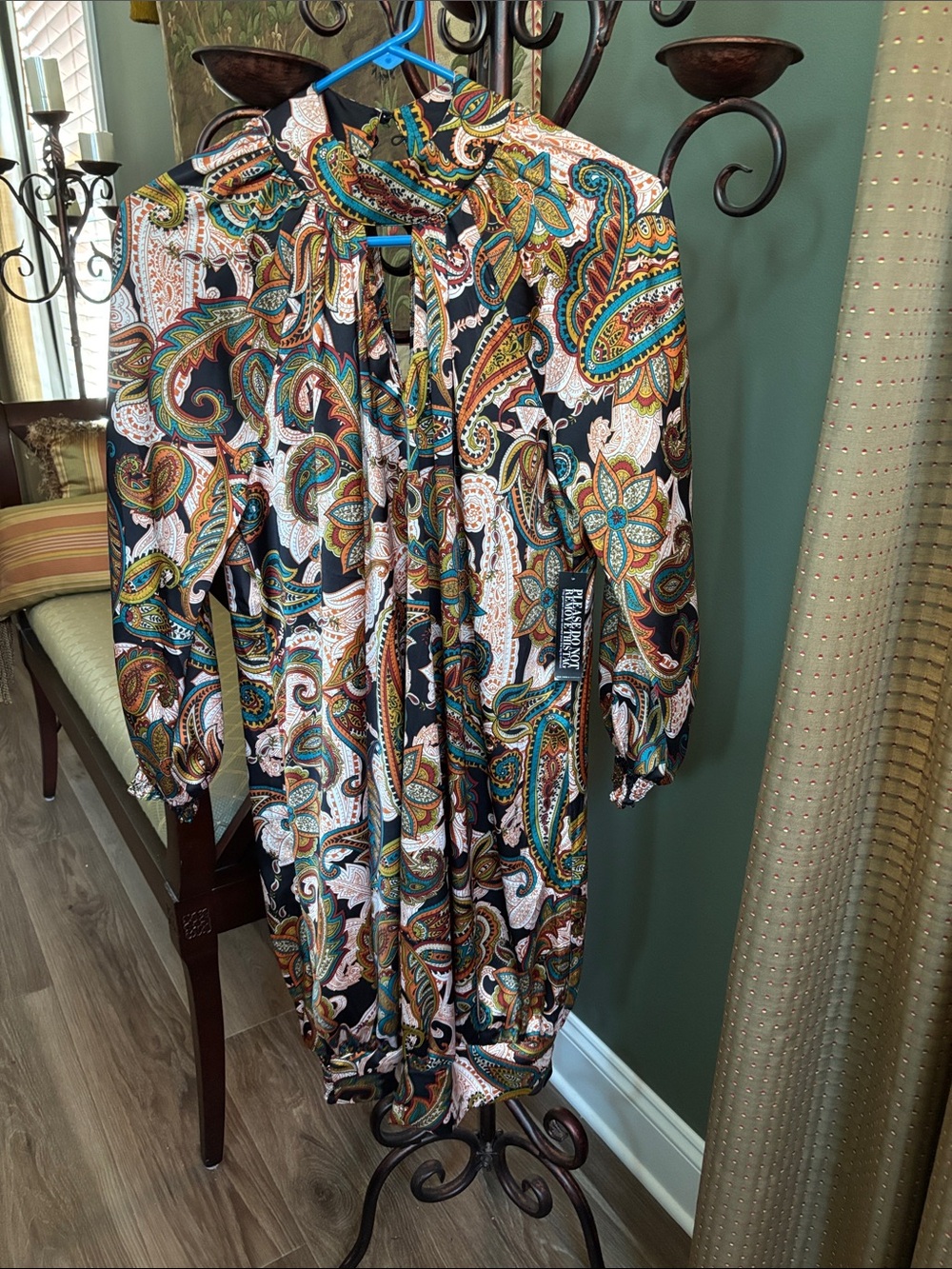New York & Company Long Sleeve Paisley Tie-Neck Dress - Black, Green, Orange